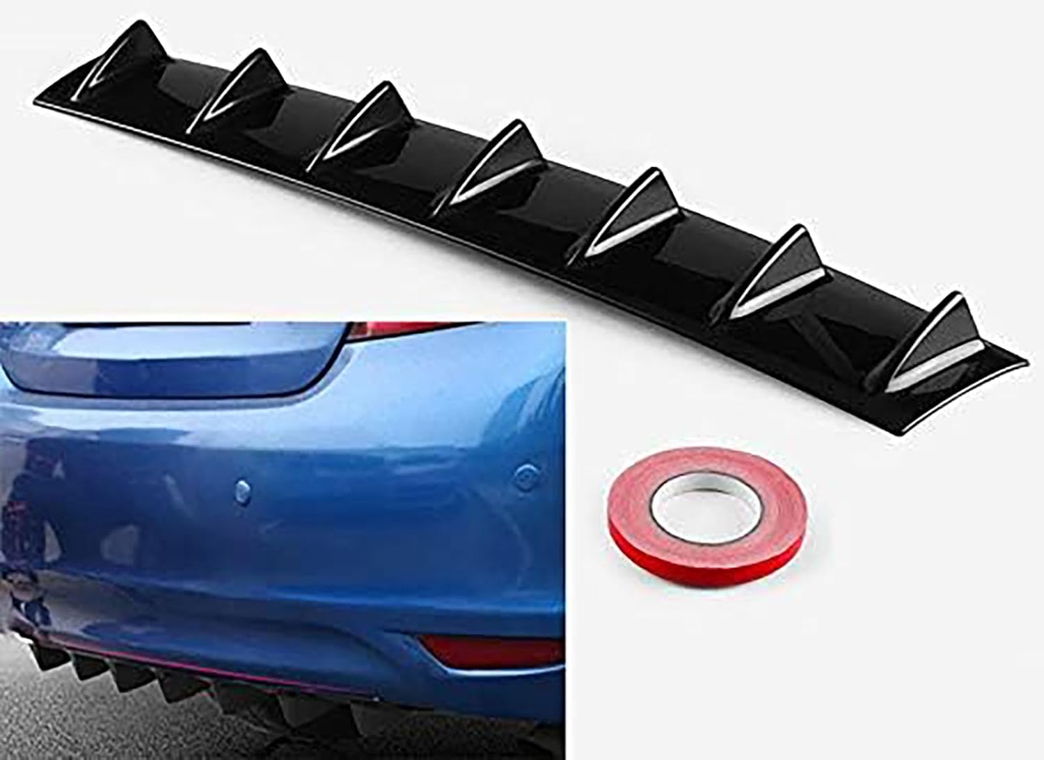 Universal Rear Bumper Lip Diffuser- 6 inch- 7 Shark Fin Style- Gloss Black