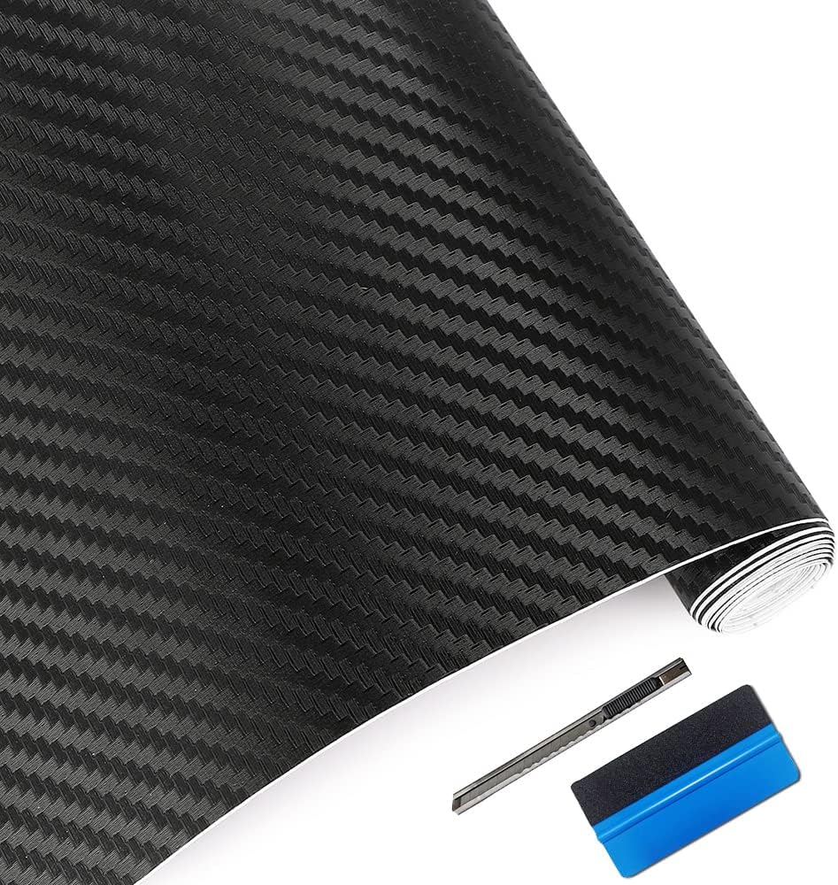 LZLRUN 3D Carbon Fiber Vinyl Wrap - Outdoor Rated for Automotive Use - 12 inches x 60 inches Contain Knife and Hand Tool (Black)